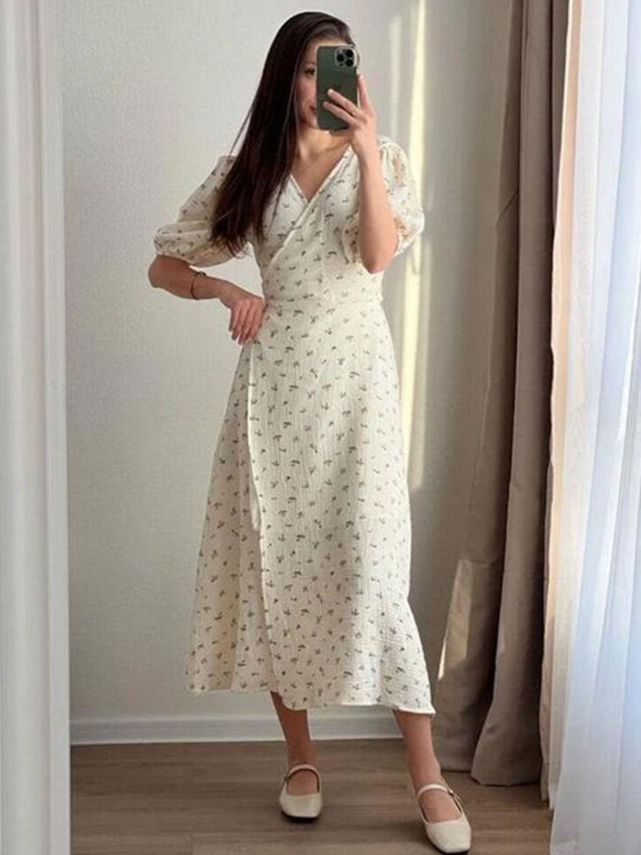 Cotton Printing Dress Women Puff Sleeve V Neck Lace Up Short Sleeve Printing Dress