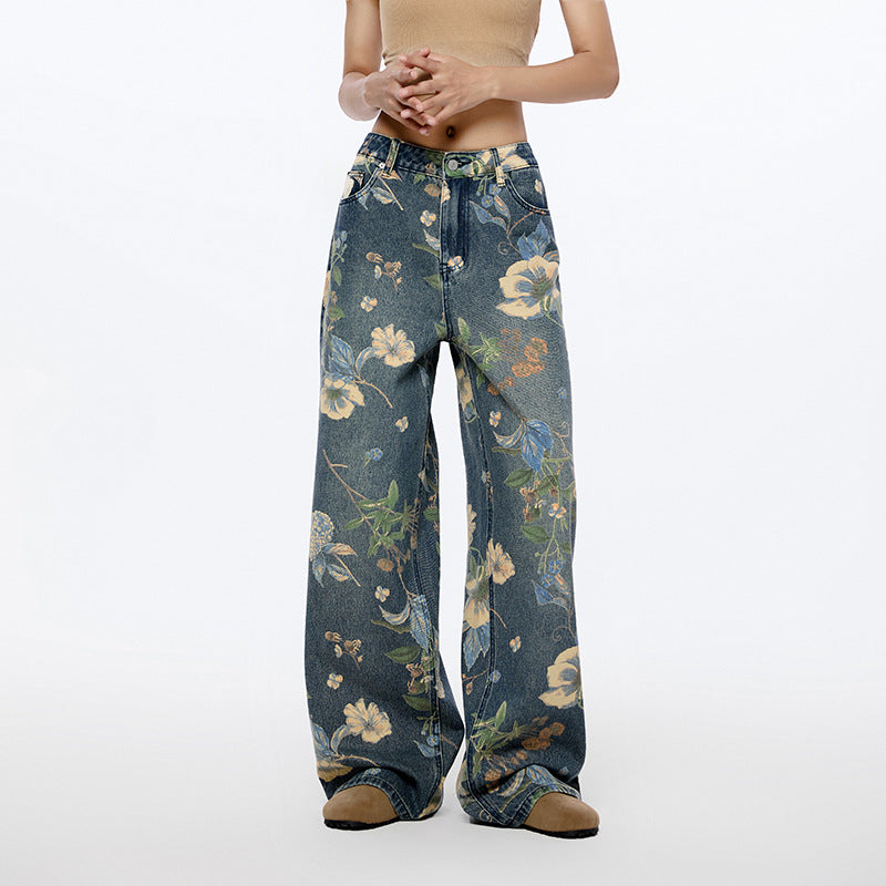 Pantalones vaqueros de pierna ancha con estampado floral de High Street para mujer, holgados, de nueve puntos, con una boca y dos piernas