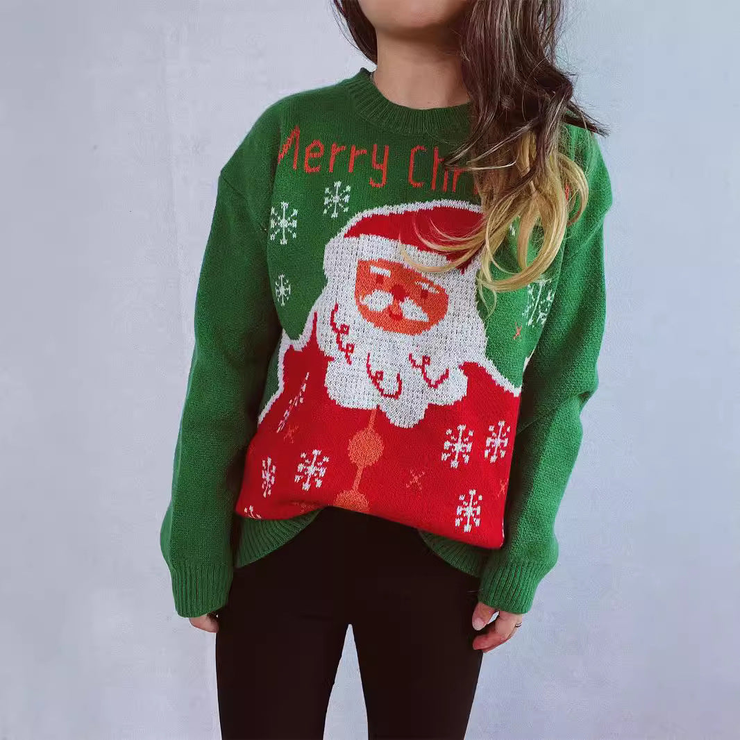 Suéter navideño de Papá Noel con versión jacquard, bonito jersey para mujer