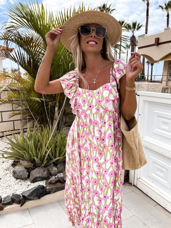 Ropa de verano para mujer, vestido estampado con cuello cuadrado, manga corta