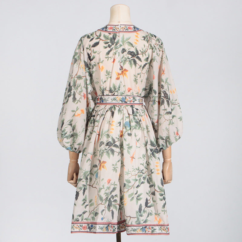 Robe élégante d'automne imprimée à lacets avec décolleté en V profond et taille haute pour femme