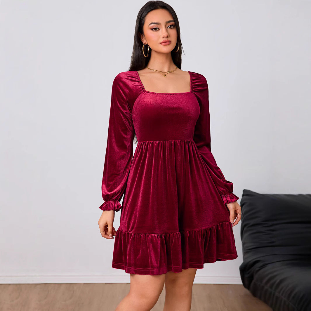 Vestido de terciopelo francés rojo vino para mujer, vestido midi de otoño e invierno