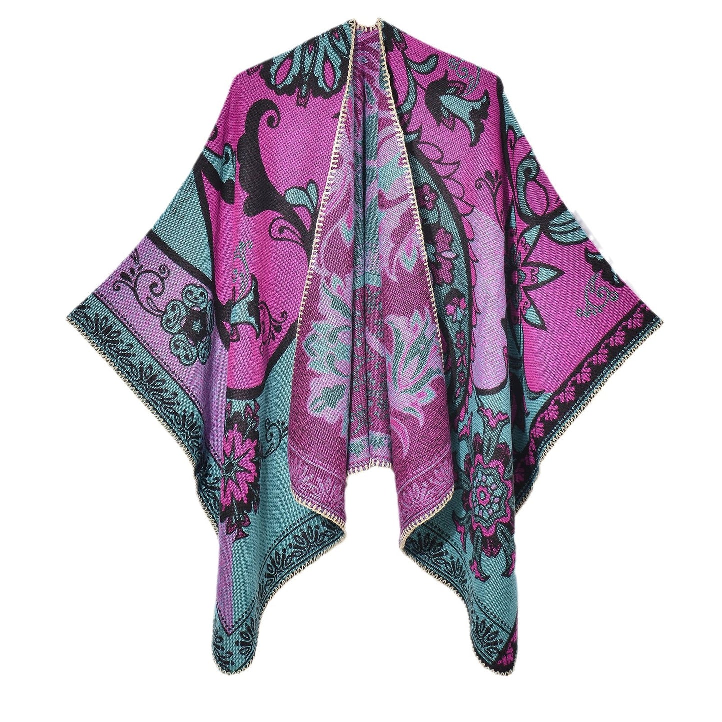 Autumn Winter Women Retro Slit Jacquard Split Shawl Street Date Outerwear Cloak