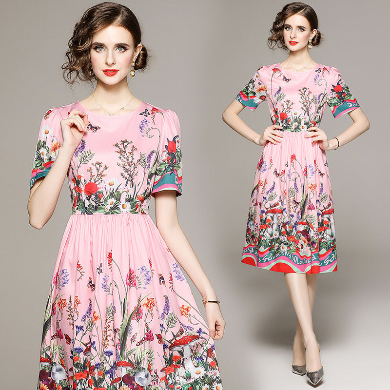 Age-reducing Floral Printed Short Sleeve Dress With Lining