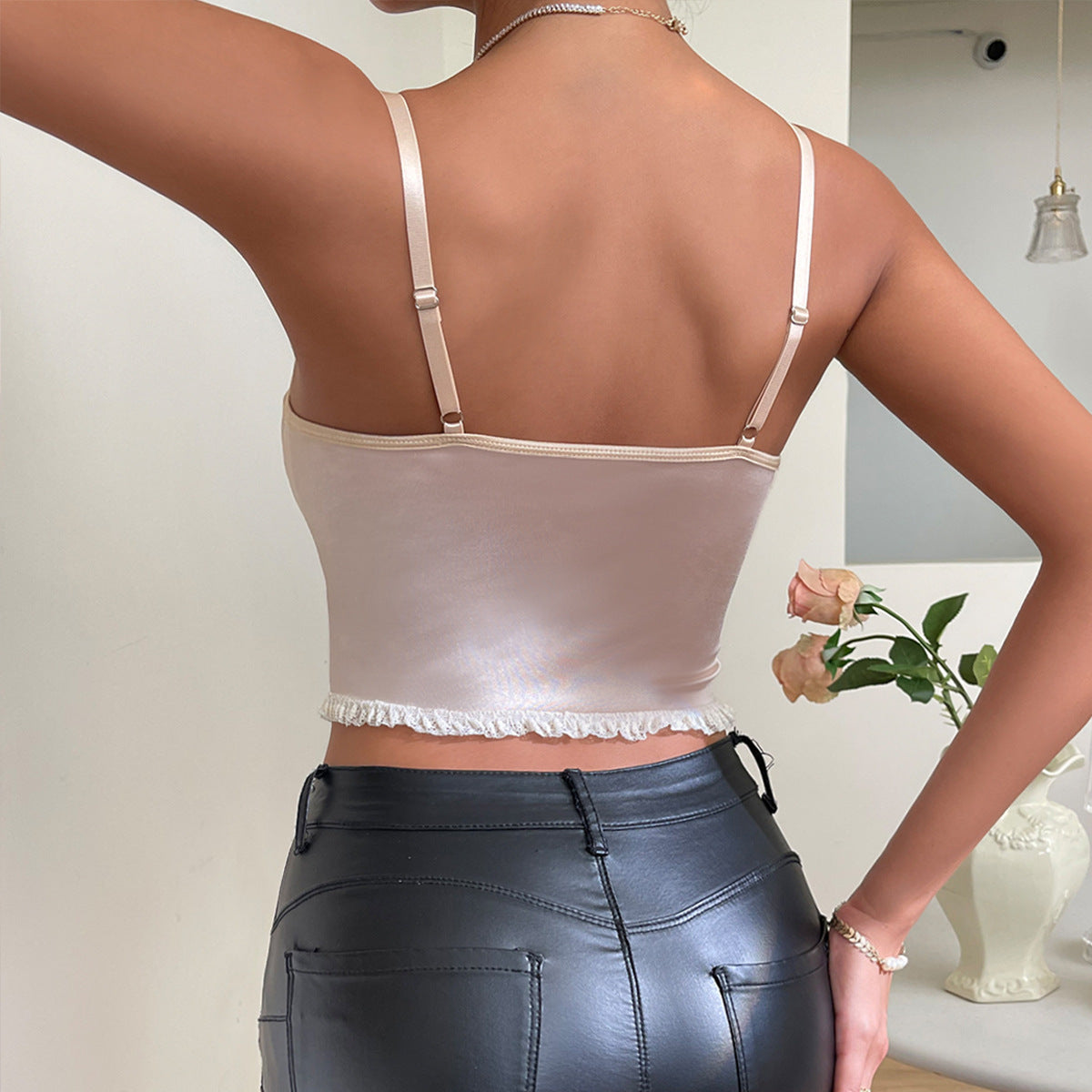 Camisole Corset en Satin imprimé en dentelle fraîche, mignonne, en forme de corde croisée, petite dentelle désossée