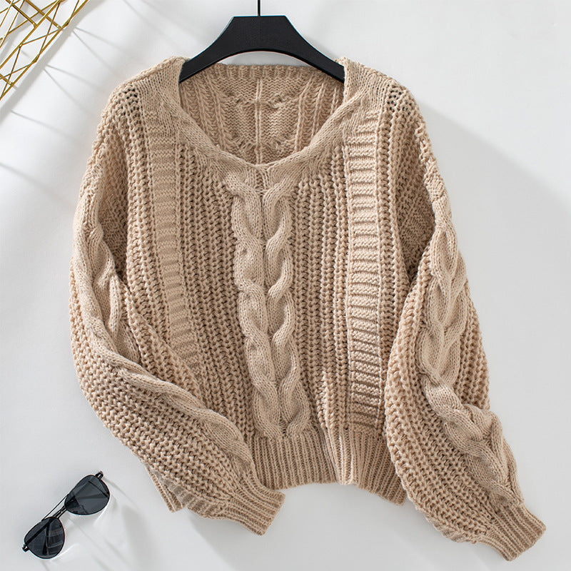 Solid Color Twisted Sweater Women Autumn Winter Retro Loose Lantern Sleeve Twisted Sweater