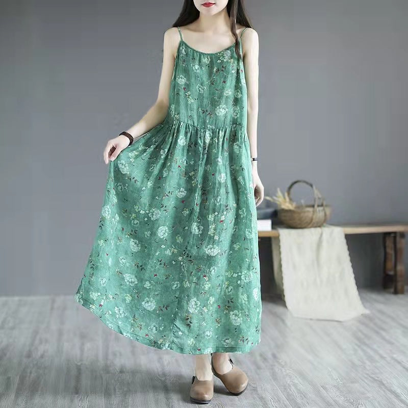 Summer New Artistic Floral Sleeveless Sling Dress Women