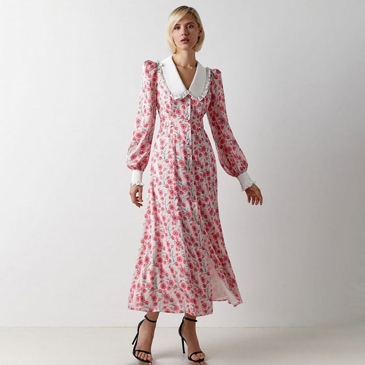 Early Spring Dignified Sense of Design Printed Maxi Dress Doll Collar Waist Slimming Long Sleeve Dress