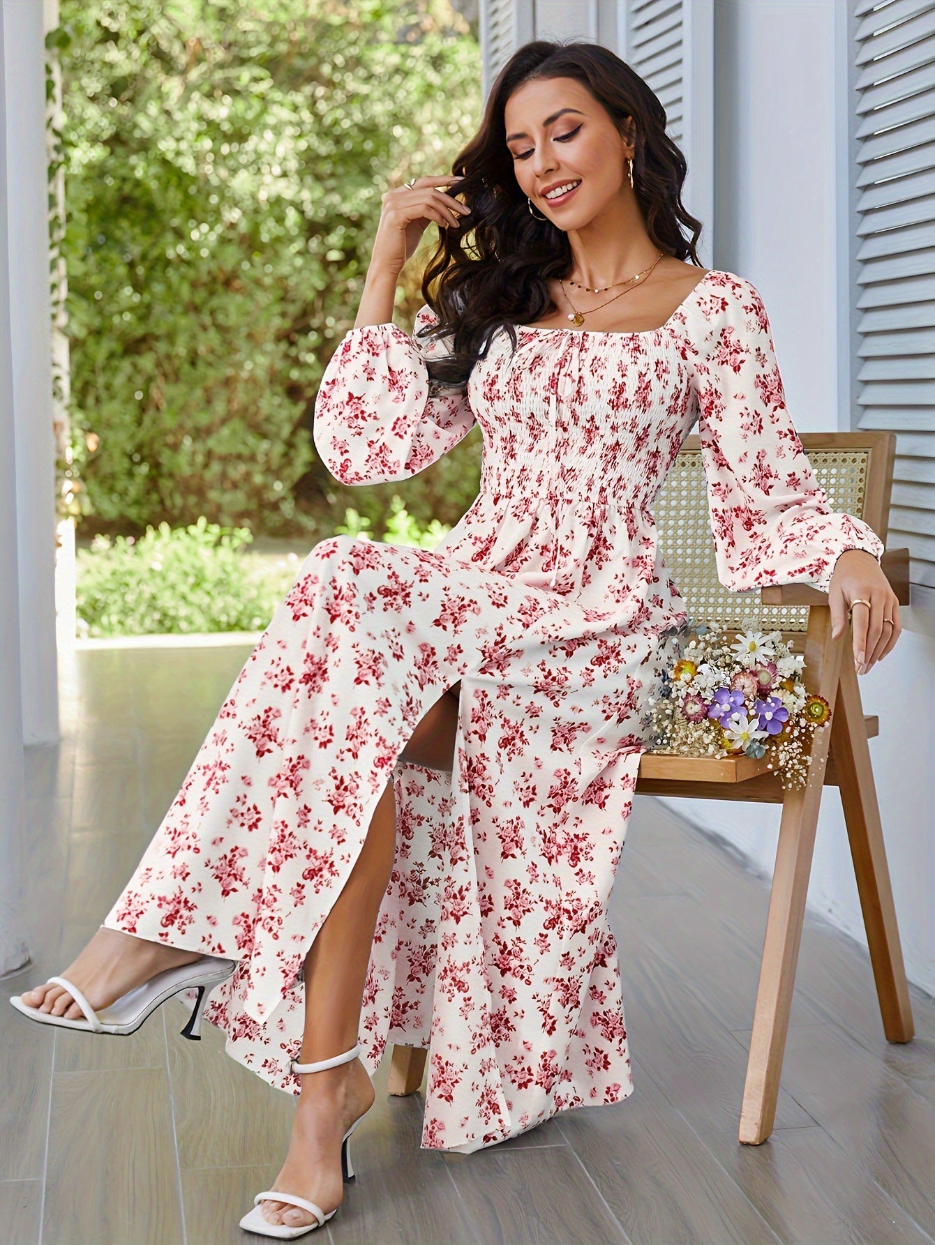 Printemps été romantique élégant femmes robe col carré smocks manches longues fente robe florale robe