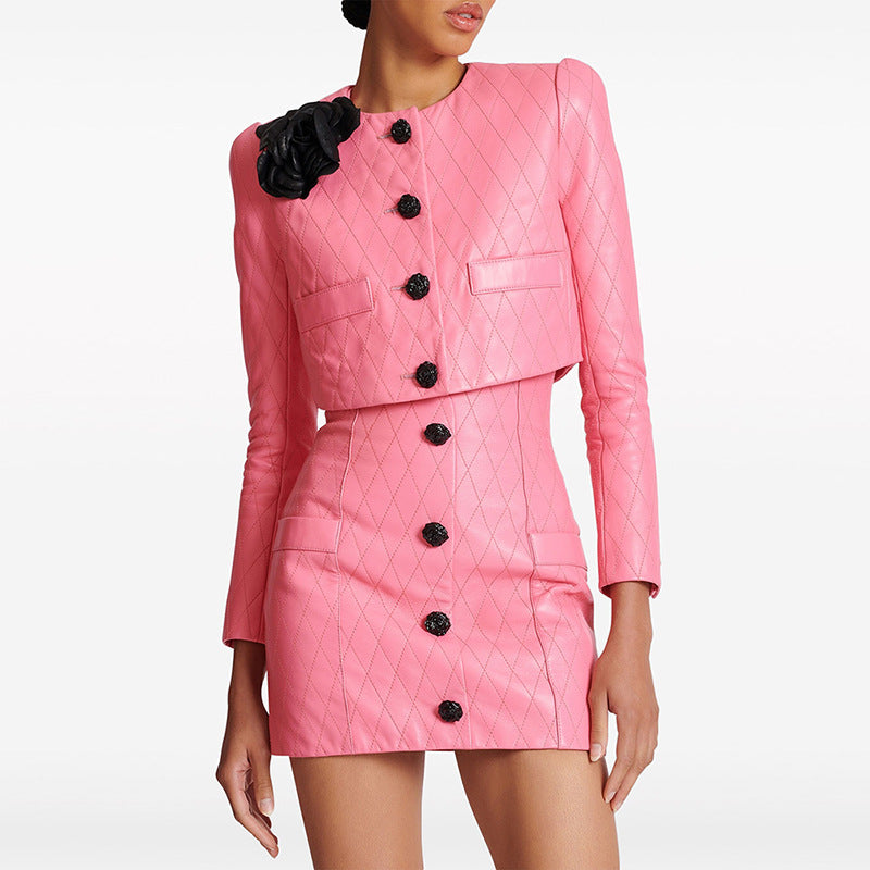 Veste courte en cuir avec décoration florale et étoile, boucle rose, losange