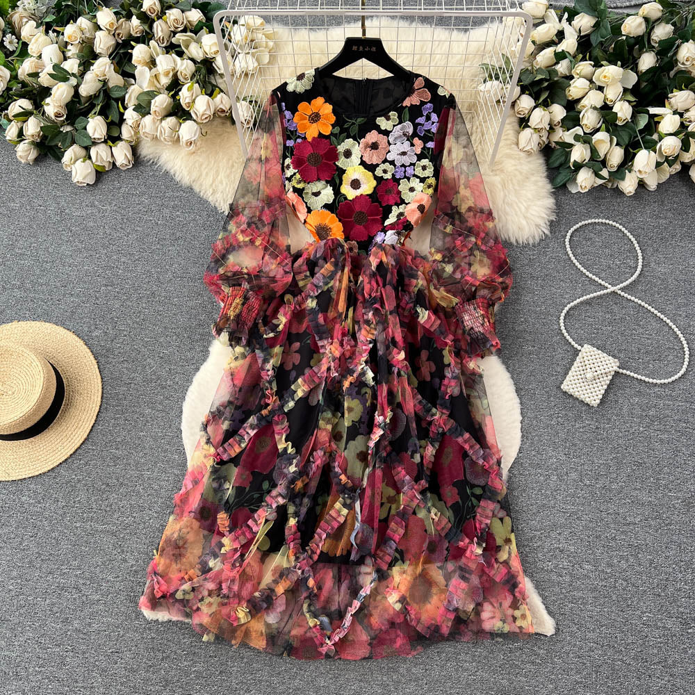 High Grade Round Neck Long Sleeve Three Dimensional Floral Embroidery Stitching Mesh Tulle Tutu Dress Women Waist Slimming Organza