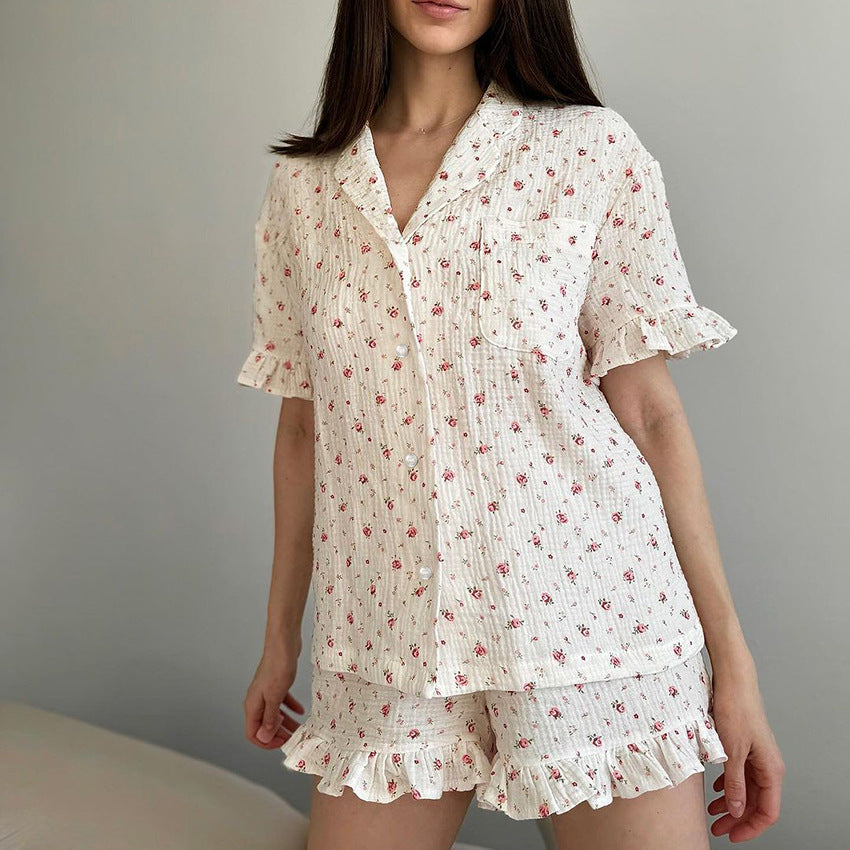 Top de tubo con estampado Floral de algodón puro para verano, pantalones cortos de manga corta, traje de tres piezas con volantes, ropa de casa para mujer