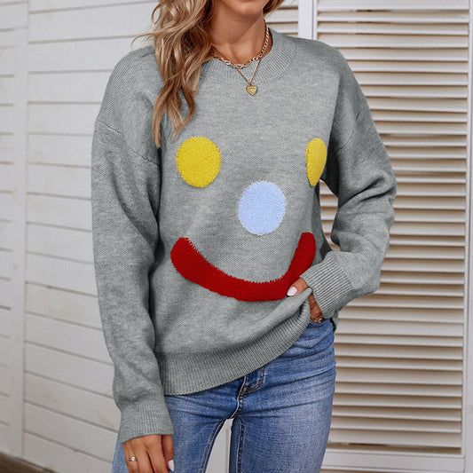 Cute Smiley Face Sweater Autumn Winter Pullover Round Neck Sweater Women Top