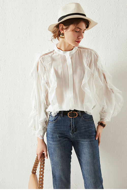 French Linen Elegant Wooden Ear Belly Covering Slimming Loose All-match Lace Sense Of Design Shirt