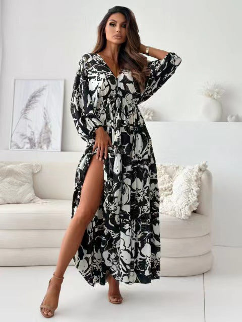 Autumn Three Quarter Sleeve Sexy Deep V Plunge Multi Color Floral Print Slit Dress