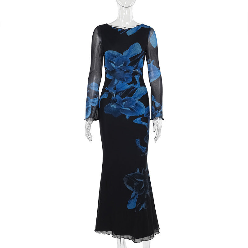 Autumn Elegant Dress Elegant Slim Fit Printed Mesh Stitching Dress Women