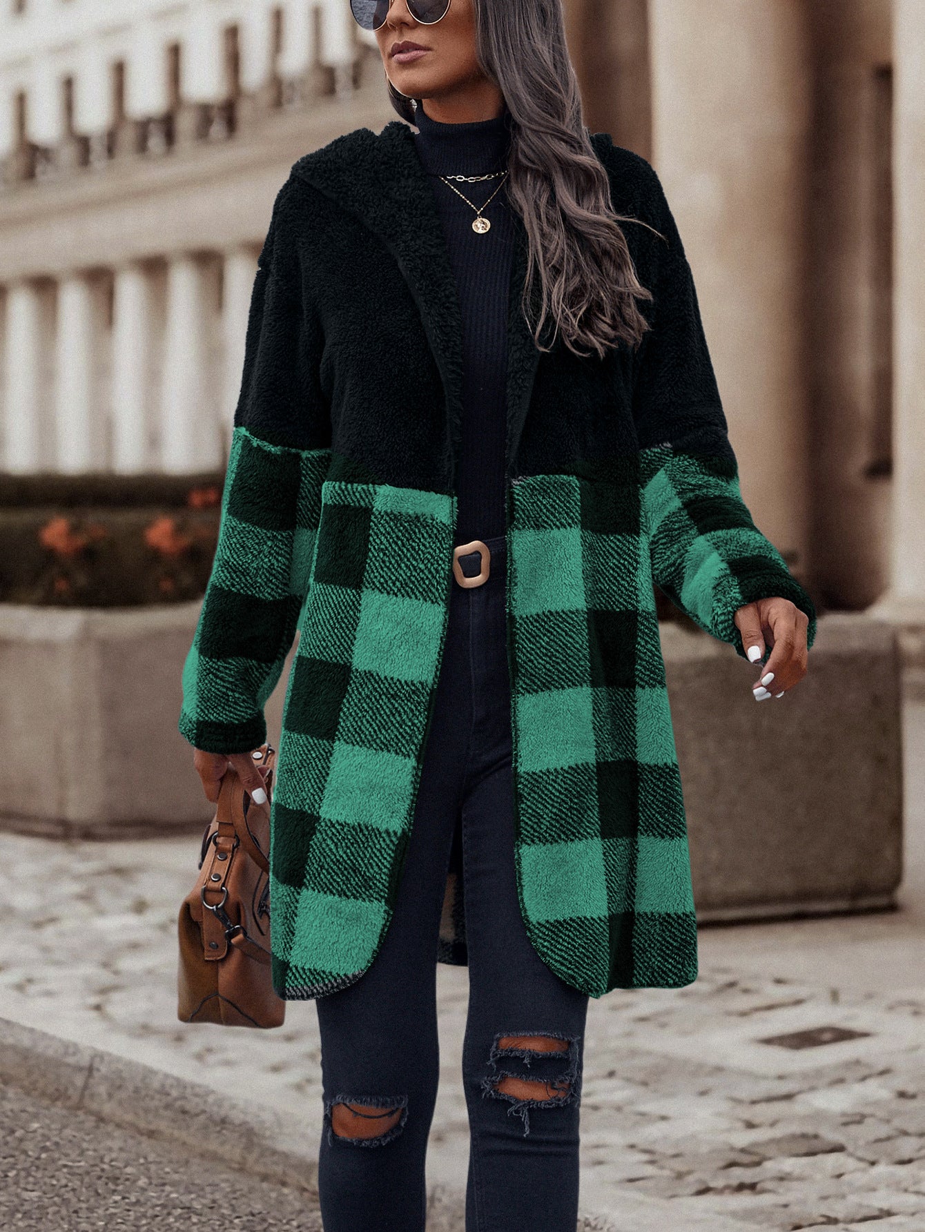 Autumn Winter Hooded Plush Plaid Coat Loose Mid Length Coat