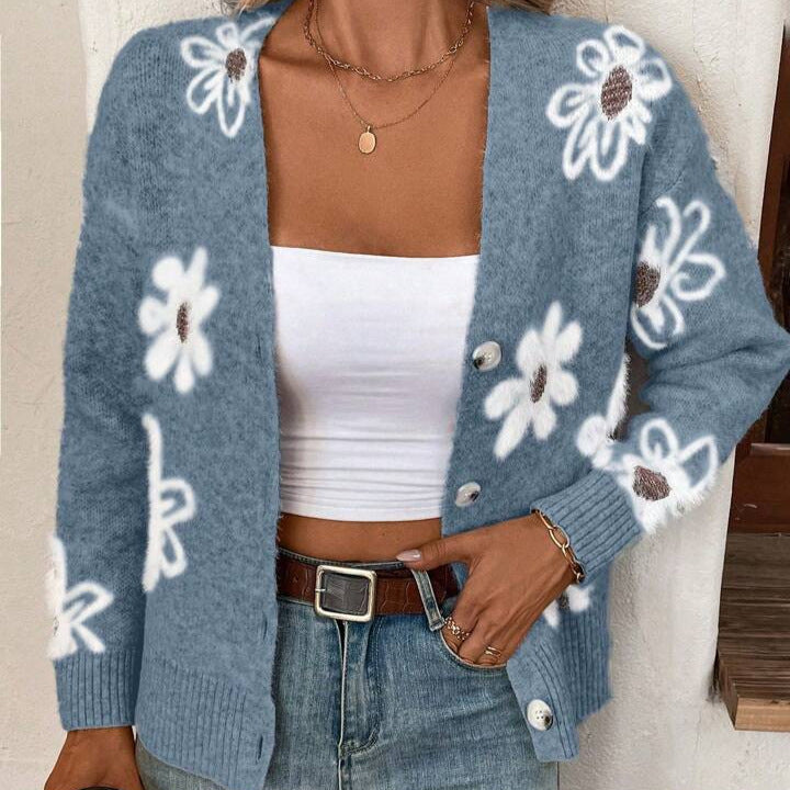 Cardigan en tricot décontracté à motif floral gracieux et mignon pour l'automne et l'hiver