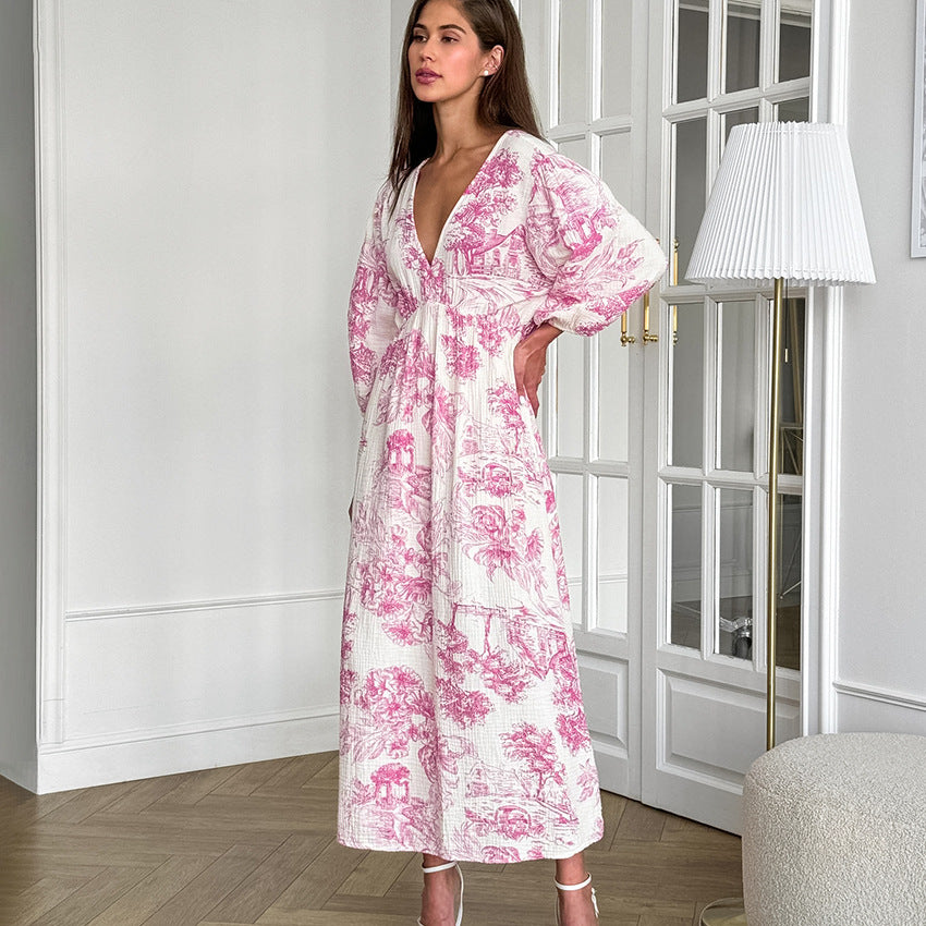 Robe longue en coton et lin pour femme, élégante, col en V, manches lanternes, imprimée, à lacets, assortie, automne