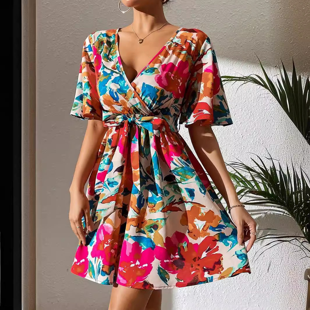 Summer Elegant Lady Floral Print Cross Collar Belt Dress