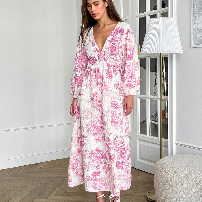 Robe longue en coton et lin pour femme, élégante, col en V, manches lanternes, imprimée, à lacets, assortie, automne