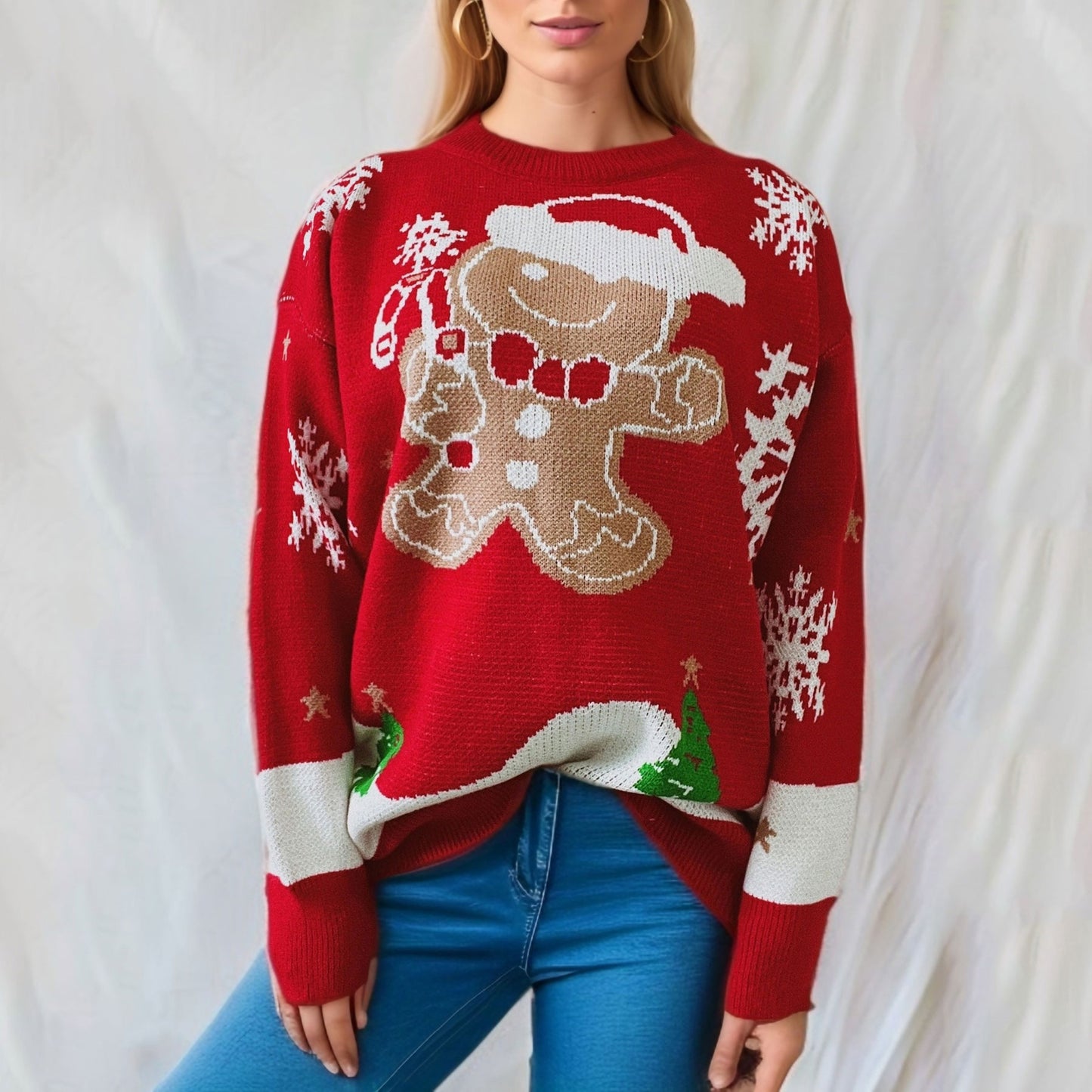 Christmas Main Picture Cute Snowman Pattern Round Neck Long Sleeve Knitted Pullover Year Sweater