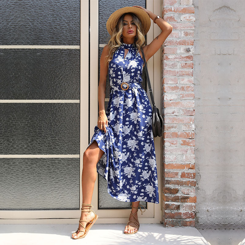 Vestido halter sin mangas estampado de verano para mujer