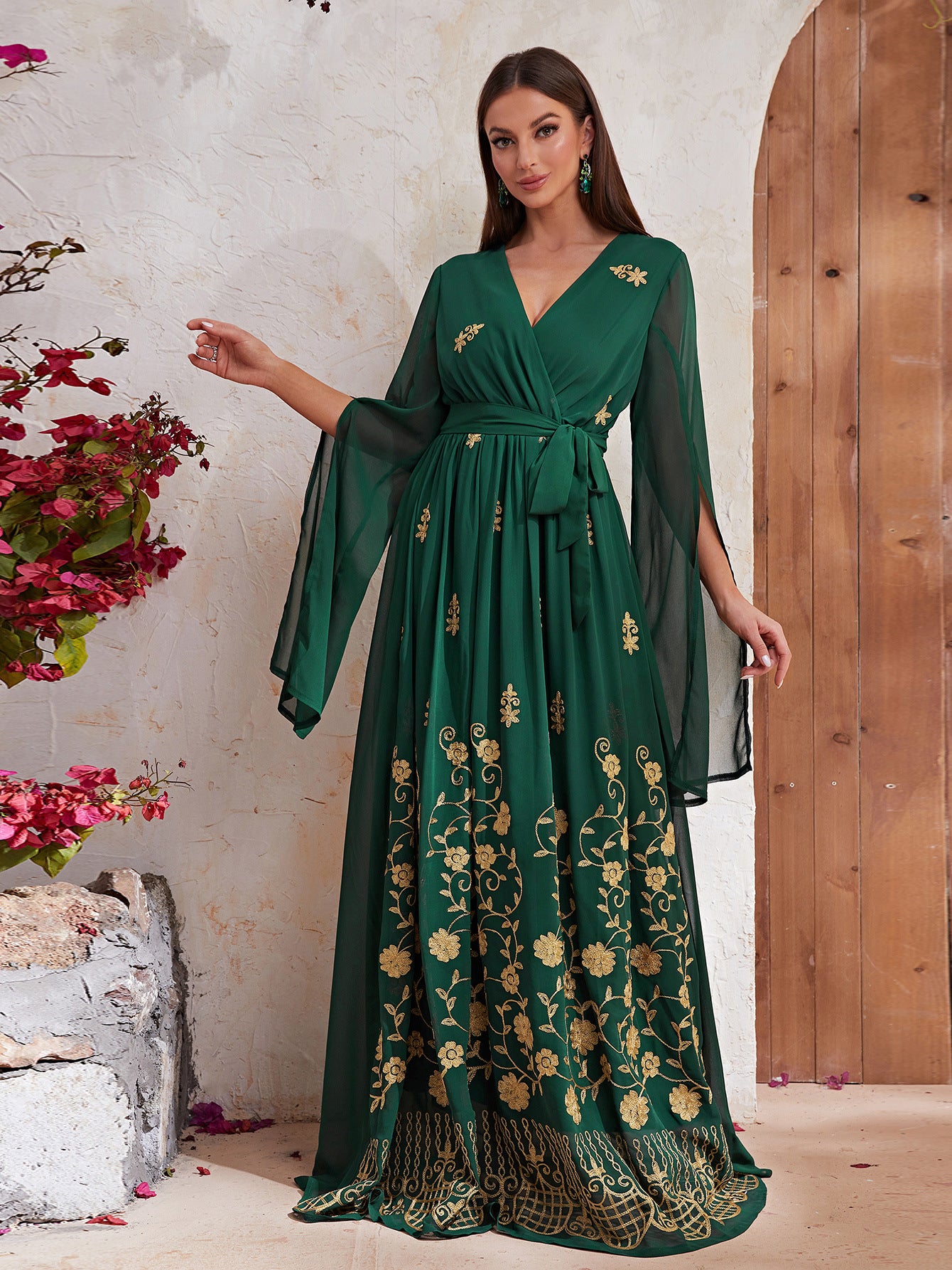 Vacation Dress Chiffon V Neck Split Long Sleeve Design Embroidered Dress