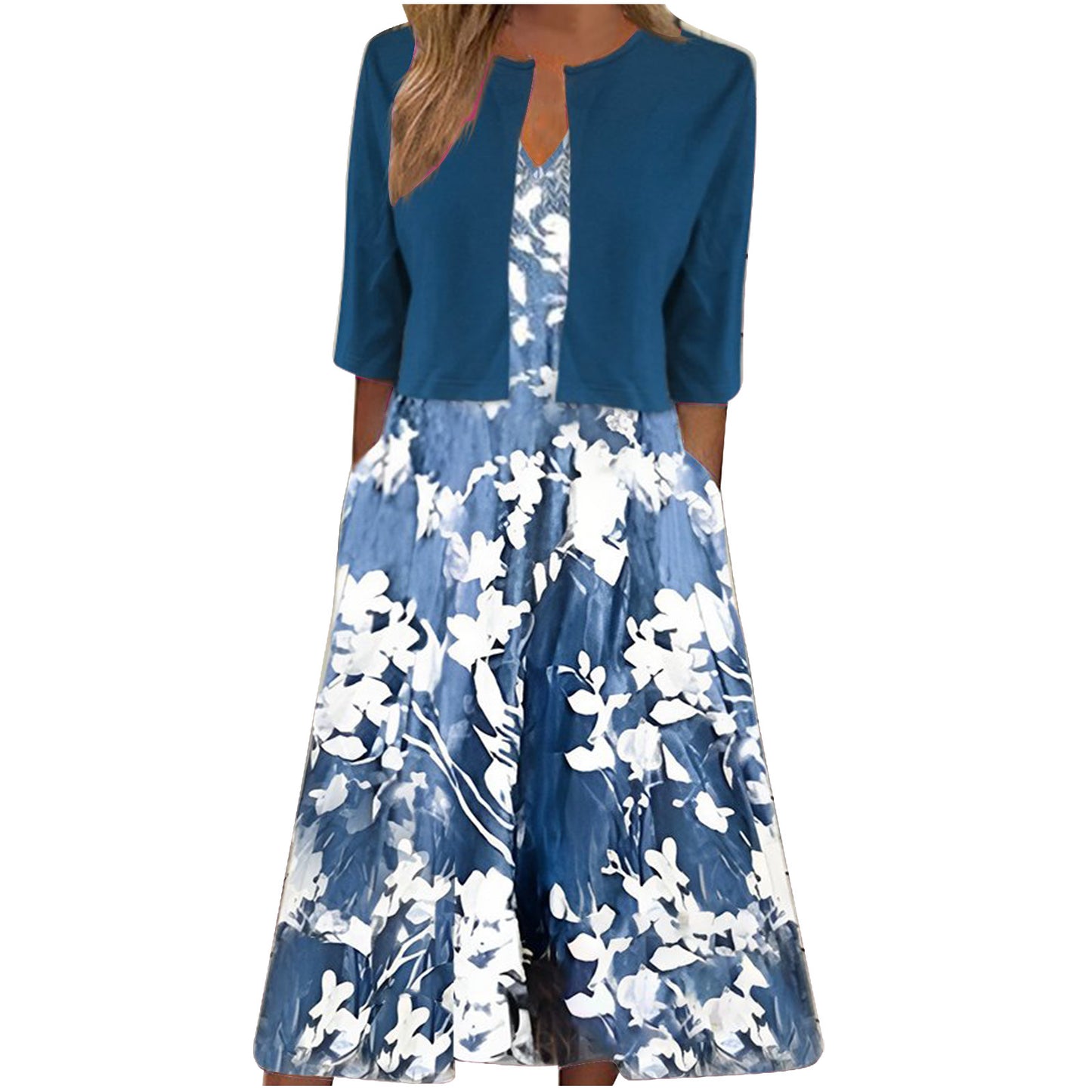 Style ethnique élégant imprimé floral gilet robe cardigan ensemble deux pièces