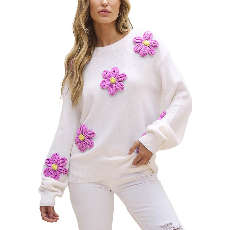 Autumn Winter Pullover Round Neck Long Sleeves Top Women Design Floral Crochet Sweater Women