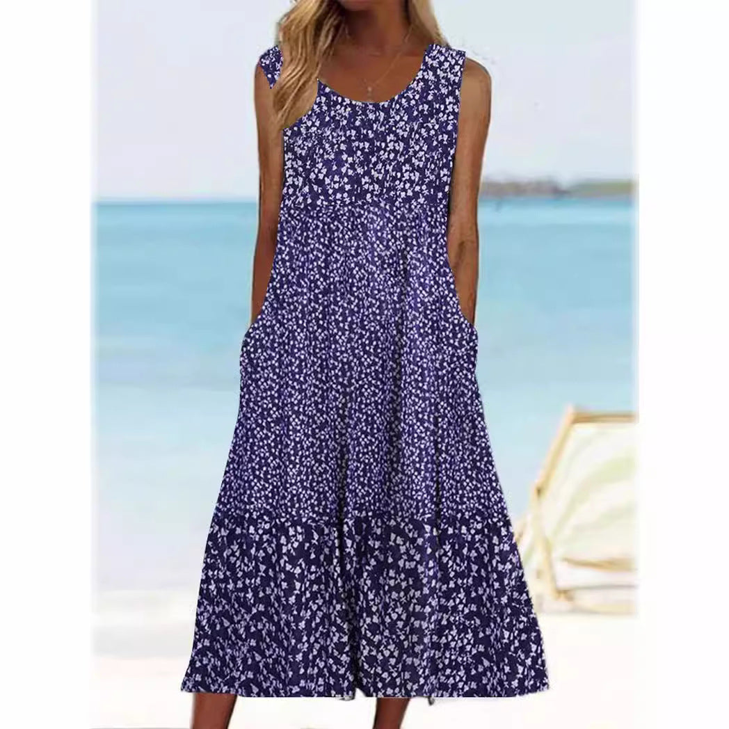 Robe mi-longue sans manches à col en U et imprimé floral 3D pour vacances en bord de mer