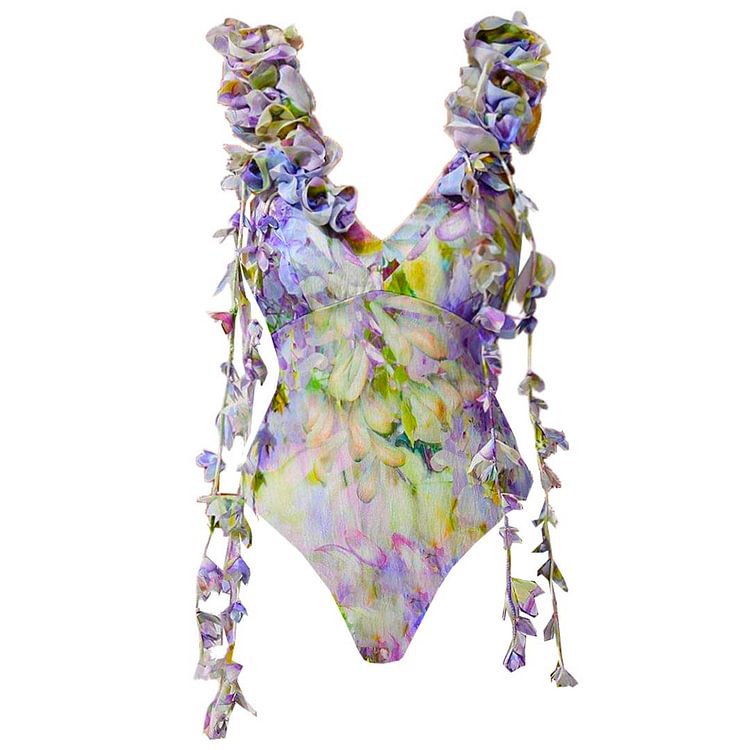 Maillot de bain une pièce à imprimé floral décoratif 3D pour femmes