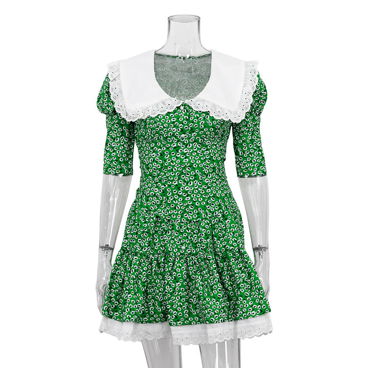 Summer Peter Pan Collar Short Sleeve Floral Dress Graceful Fashionable Tight Waist Petti dress