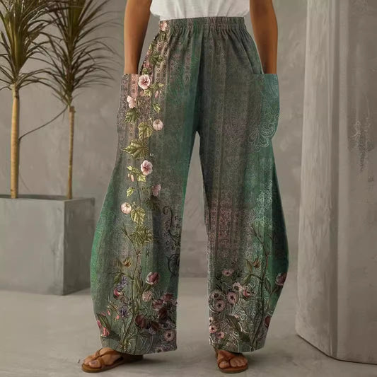 Pantalon à jambes larges à motif Floral rétro, taille élastique, vêtements pour femmes de Style européen et américain, printemps et été