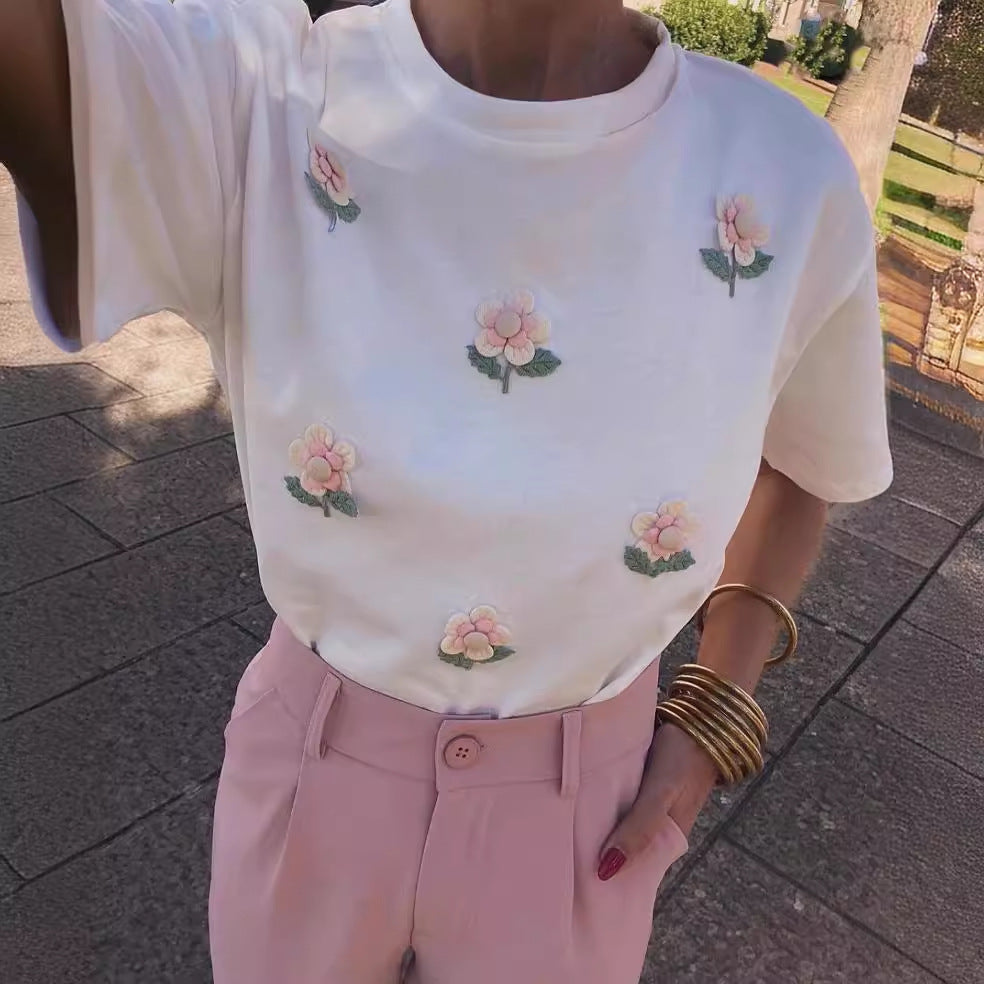 T-shirt à col rond à fleurs tridimensionnelles pour femmes, haut ample à la largeur des épaules pour le printemps et l'été