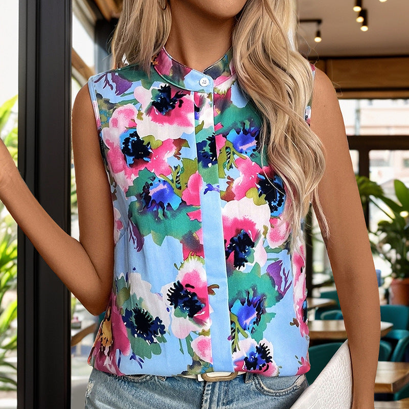 Summer Women Ethnic Stand Collar Printed Sleeveless Shirt for Women