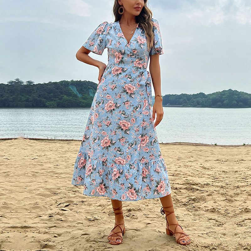 Vestido cruzado elegante con cordones para mujer para vacaciones en la playa de verano