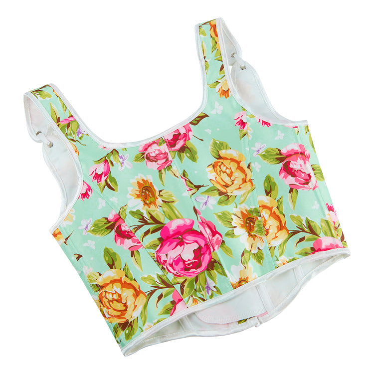 Haut tubulaire réglable à double bretelle et motif floral vert pour femme, soutien de la poitrine, haut moulant