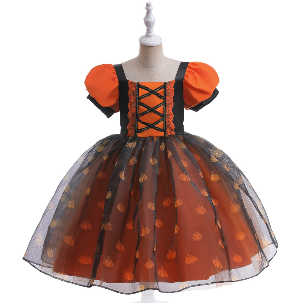 Robe de princesse pour filles, Costume de spectacle de bal de maquillage citrouille Orange, à la mode