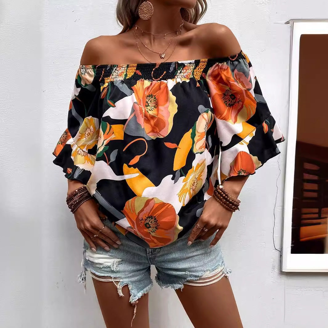 Vendedor de ropa de mujer Verano Smocking Floral Estampado floral Fuera del hombro Manga corta Forro de mujer