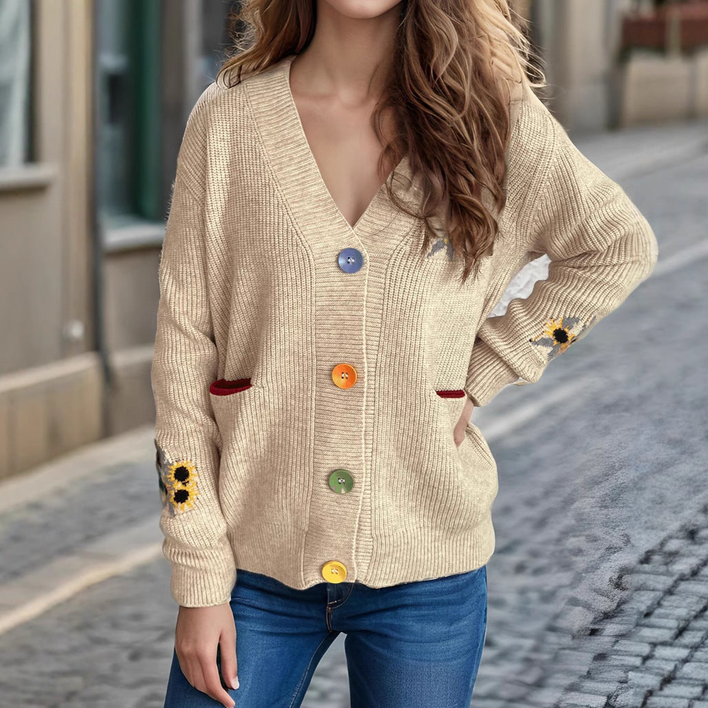 Autumn V Neck Embroidery Floral Casual All Matching Sweater Outerwear Women Sweater