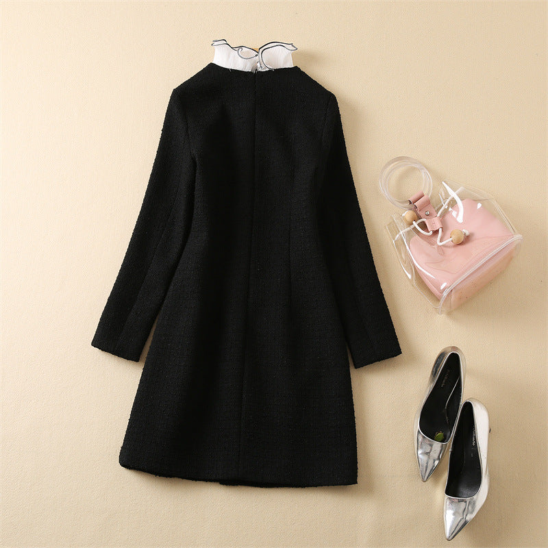 Detachable Fluted Collar Pearl Brooch Slim Long Sleeve Dress