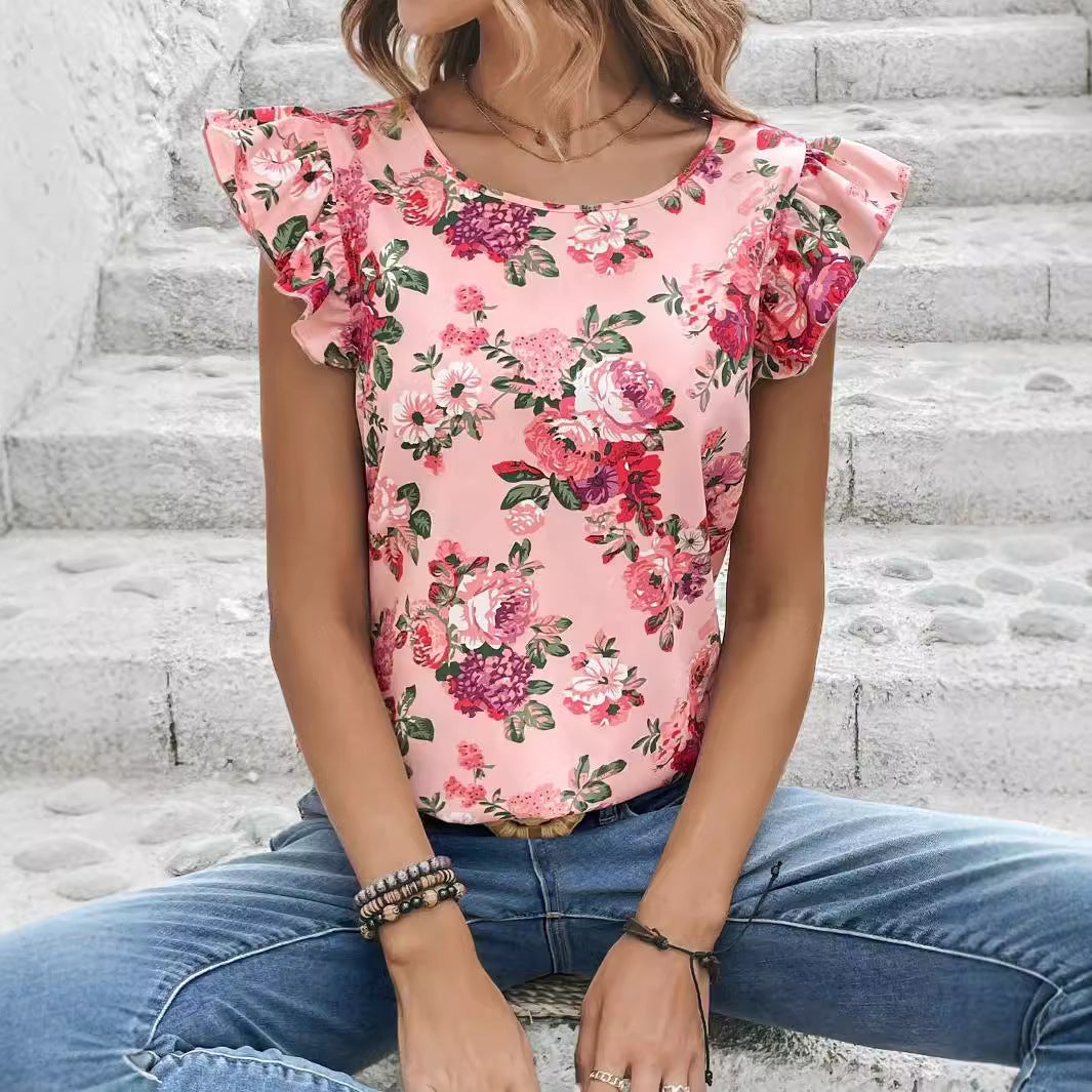 Camisa de mujer de manga corta con estampado floral de verano