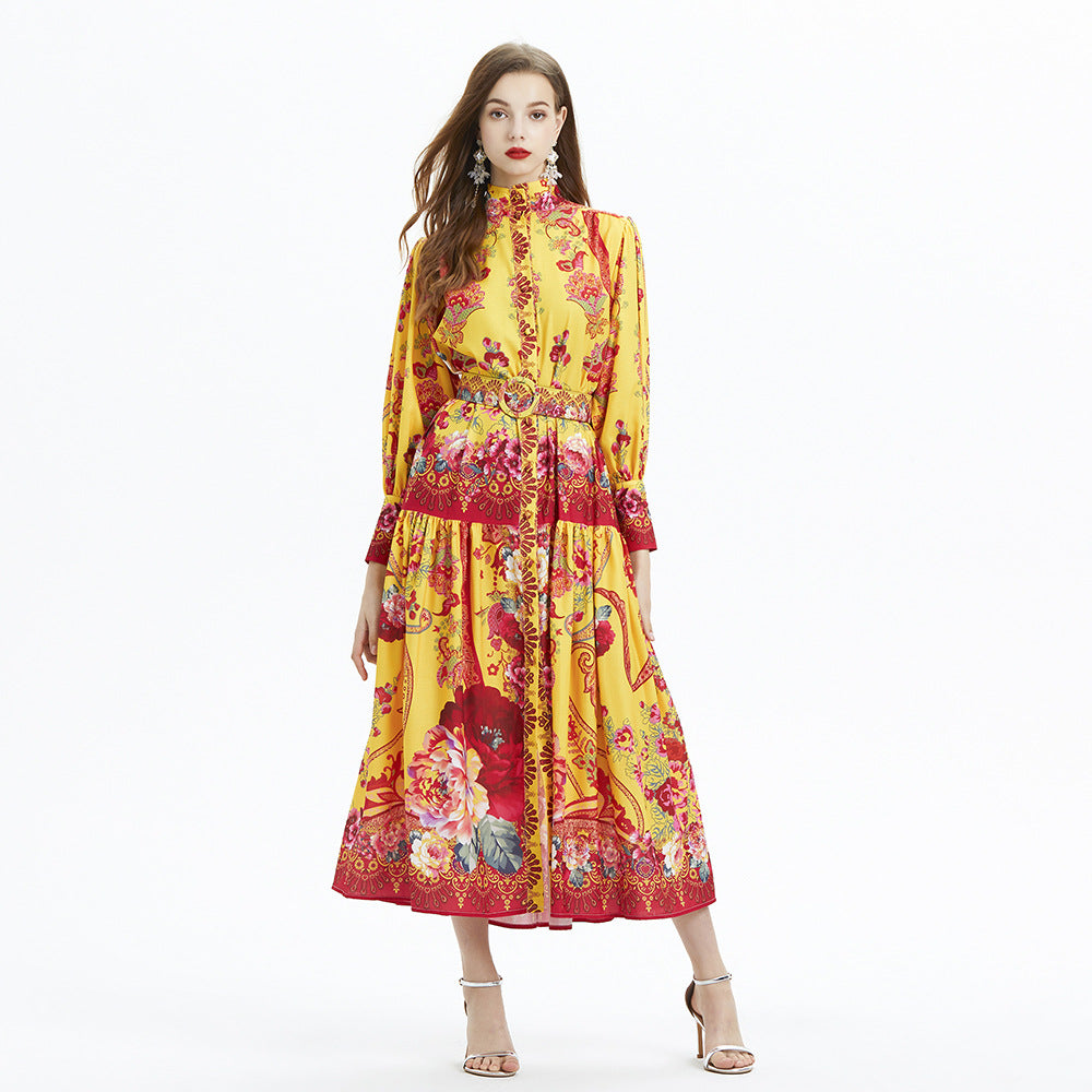 Lantern Sleeve Printed Long Sleeve Elegant Linen Waist Trimming Ruffles Dress