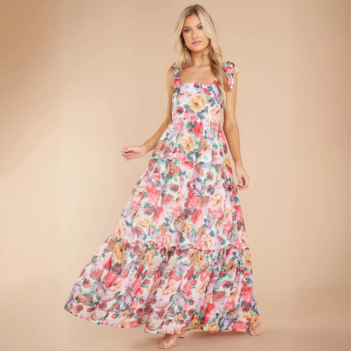 Ropa de verano para mujer Vestido elegante con tirantes florales y cuello descubierto