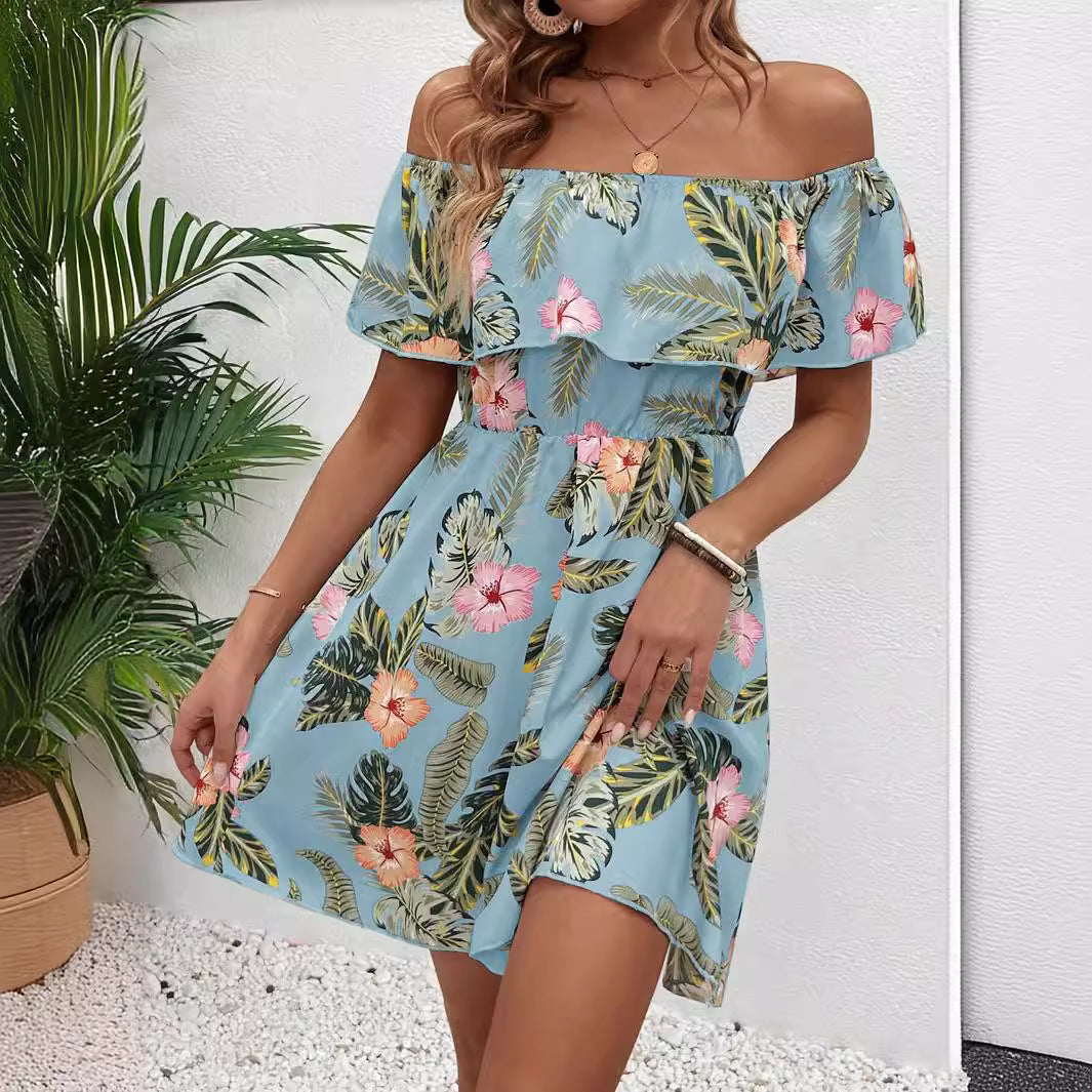 Summer Elegant Ladies Printed off the Shoulder Collar Ruffled Dress