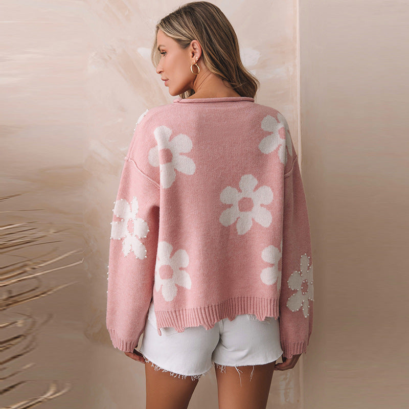 Pull à manches longues et épaules tombantes pour femme, automne et hiver, doux, imprimé de perles