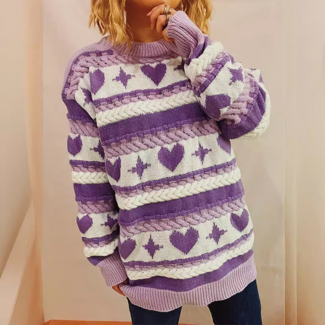 Japanese Korean Station Cute Heart Striped round Neck Pullover Long Sleeve Sweater Loose Fitting Outerwear Top