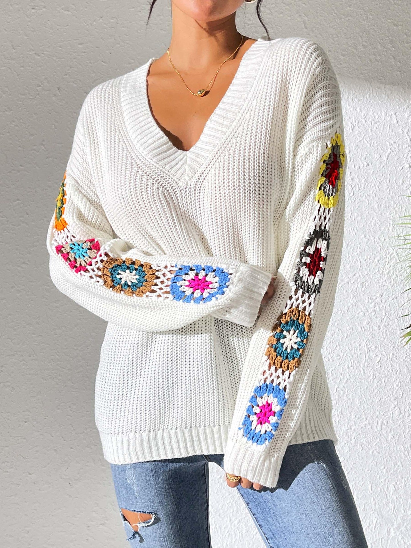 Autumn Winter Women Clothing Random Mixed Color Hand Hook Floral Stitching V Neck Pullover Sweater