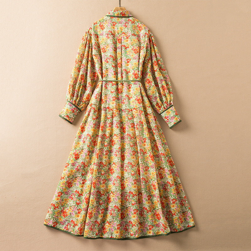 Robe ample florale en coton à revers et manches longues